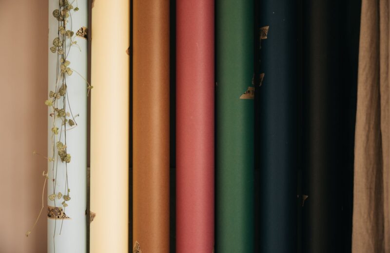 Rolls of coloured backdrop paper standing side by side