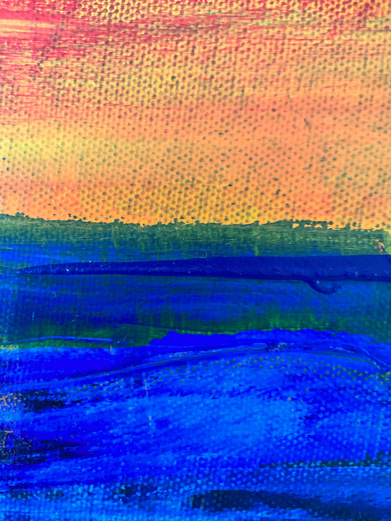 Painting in bands of peach sky, deep blue water and a strip of green shore