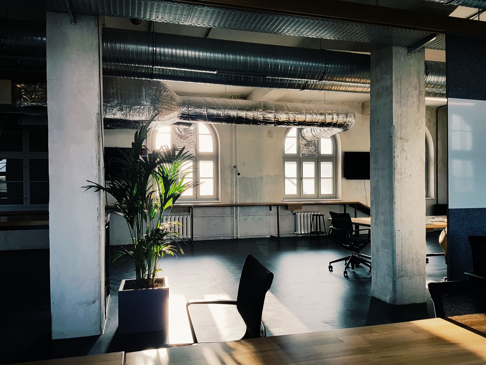 A bright open office with desks under large factory windows