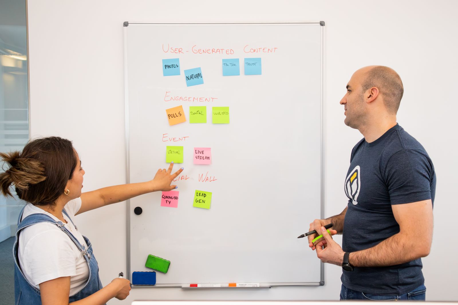 Two people planning on a whiteboard covered with coloured sticky notes