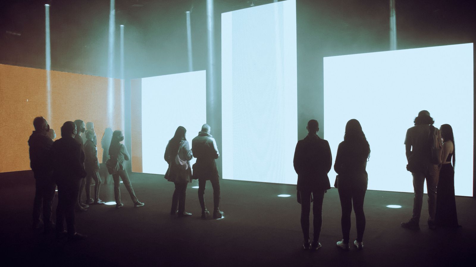 Visitors as silhouettes in front of large glowing screens at a digital art exhibition