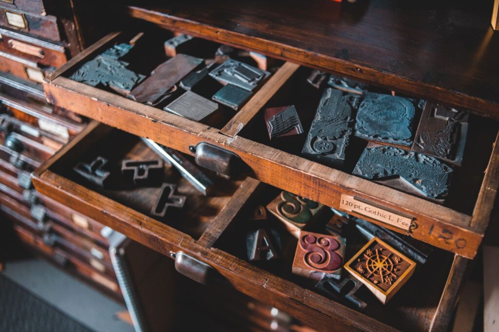 Printer's drawers full of letterpress type and ornaments