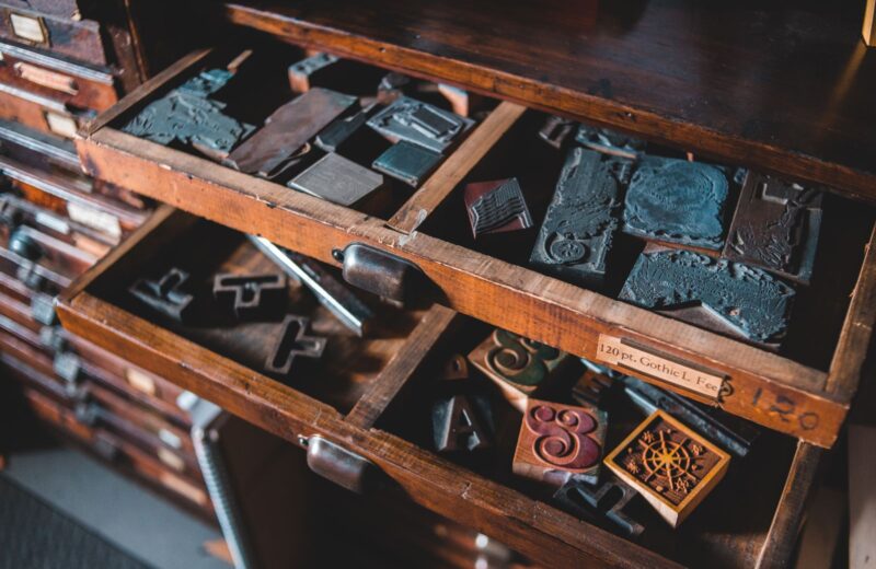 Printer's drawers full of letterpress type and ornaments