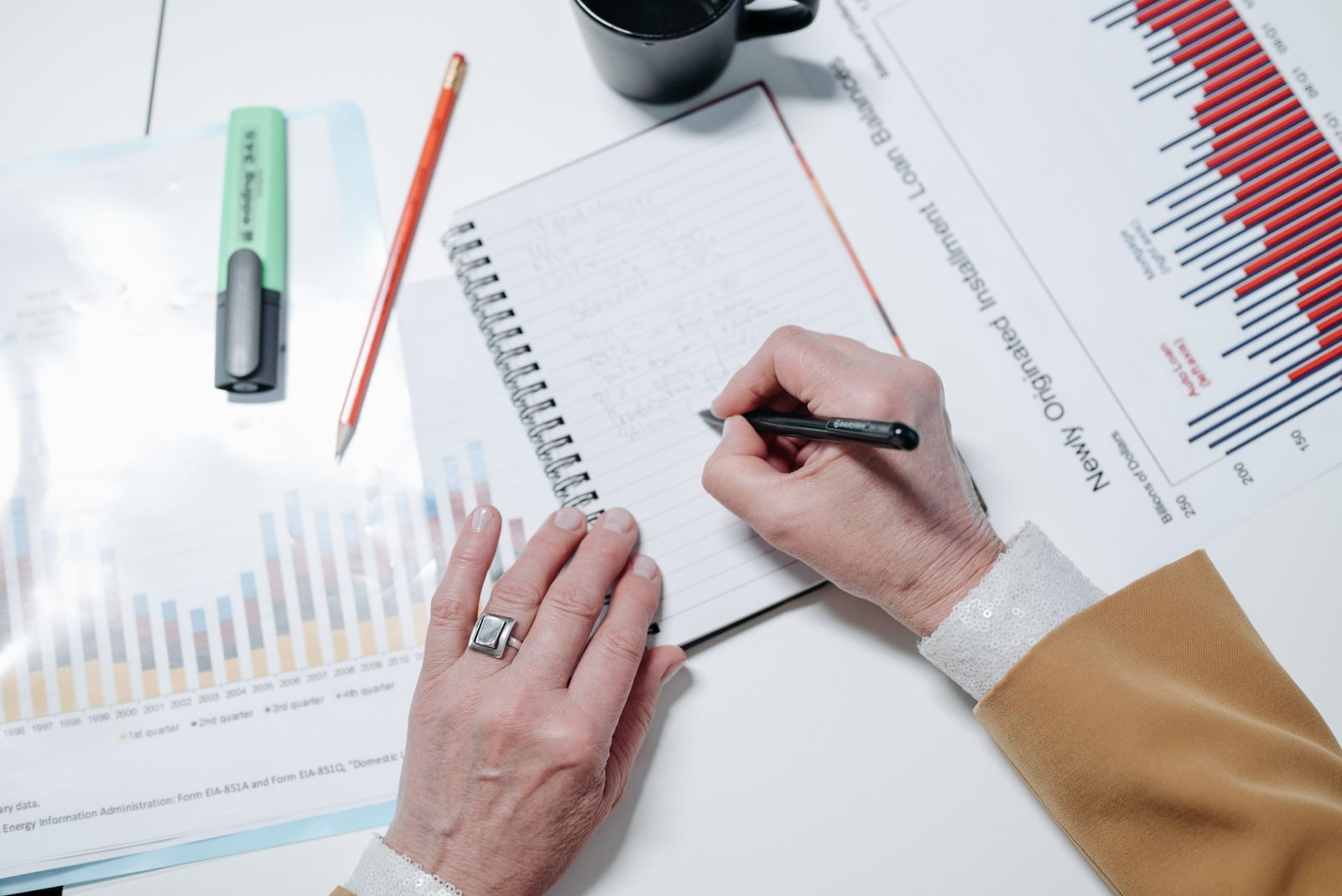 Hands writing notes beside printed bar charts and line graphs