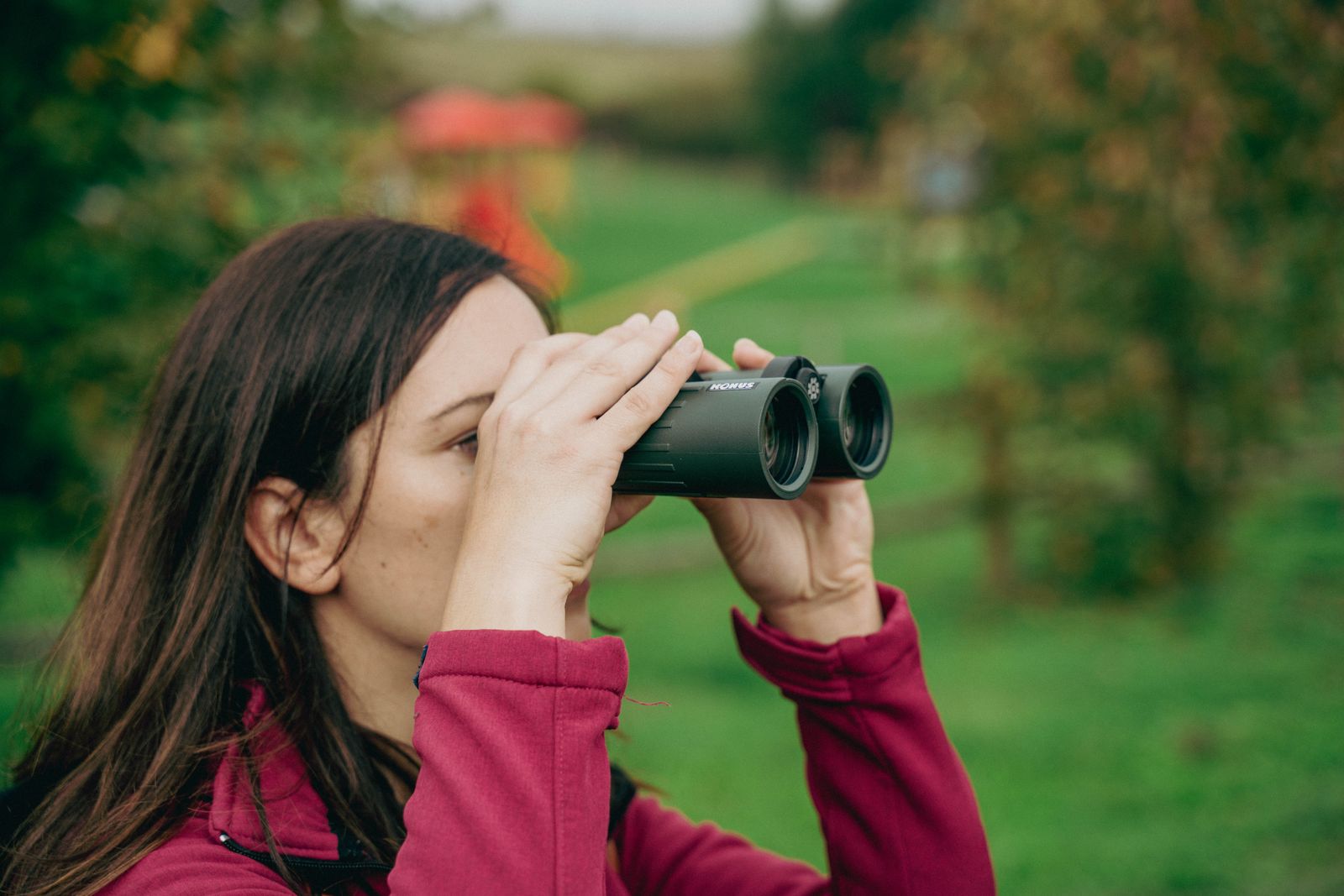 An ecologist watching through binoculars at the edge of a field