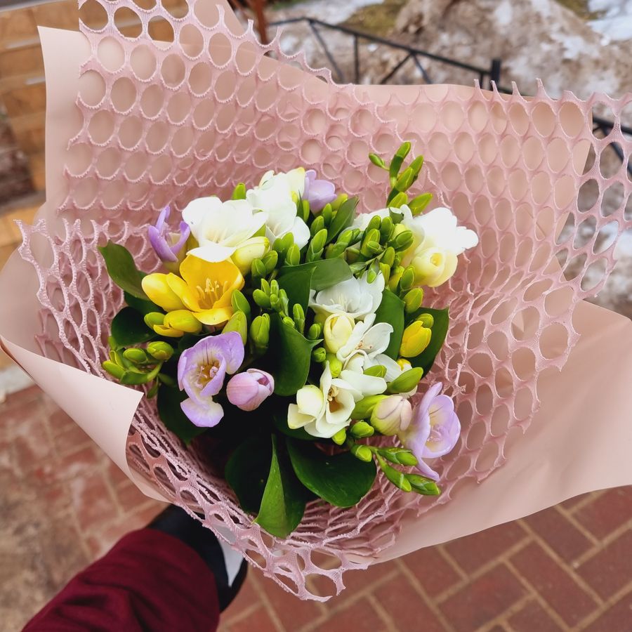 A bouquet of yellow and lilac freesias wrapped in pink netting