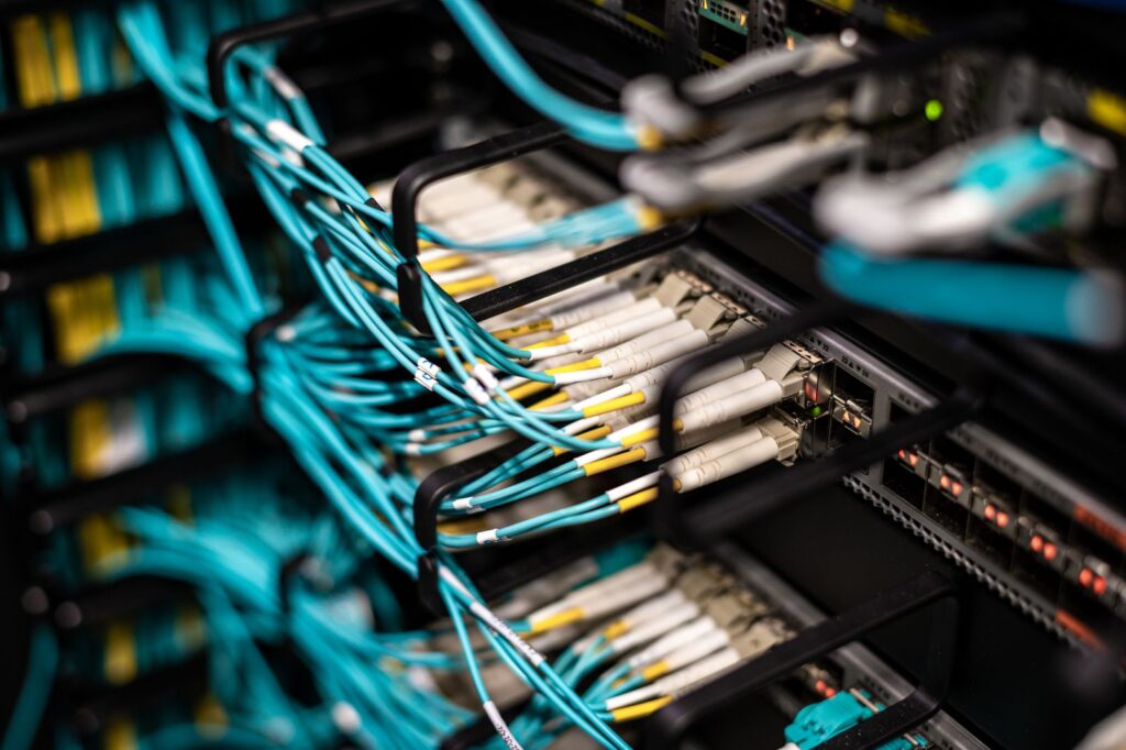 Network cables plugged into a patch panel