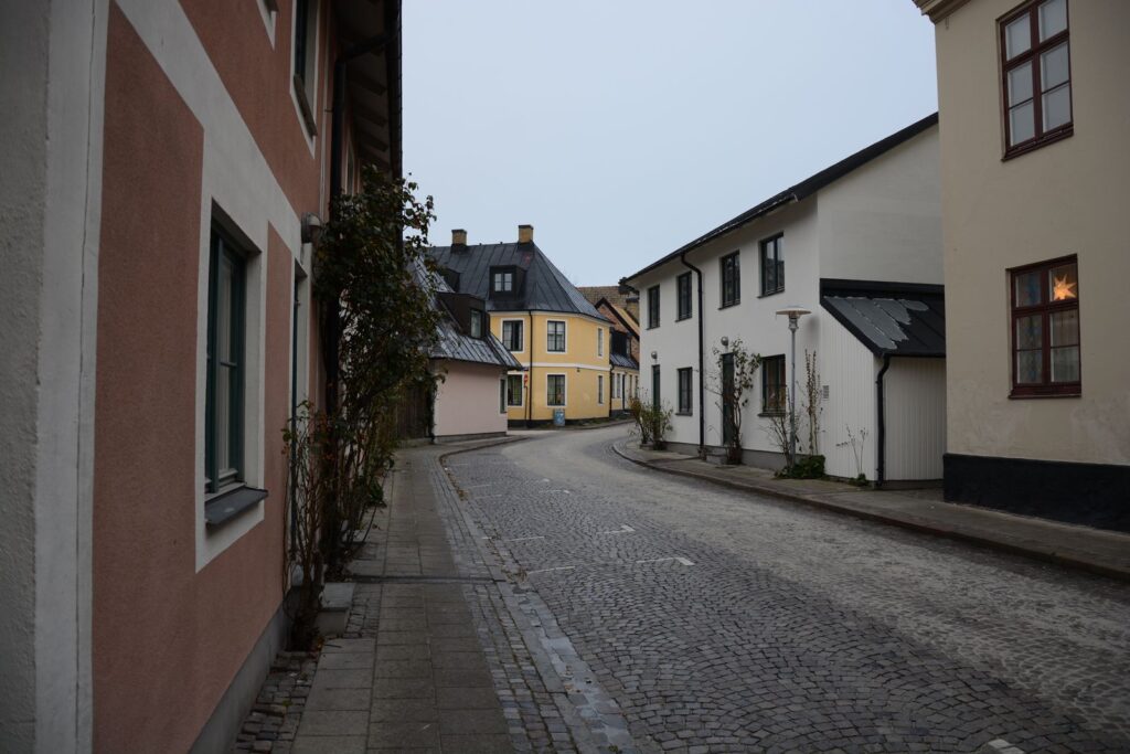 A cobbled street of painted houses in a small town