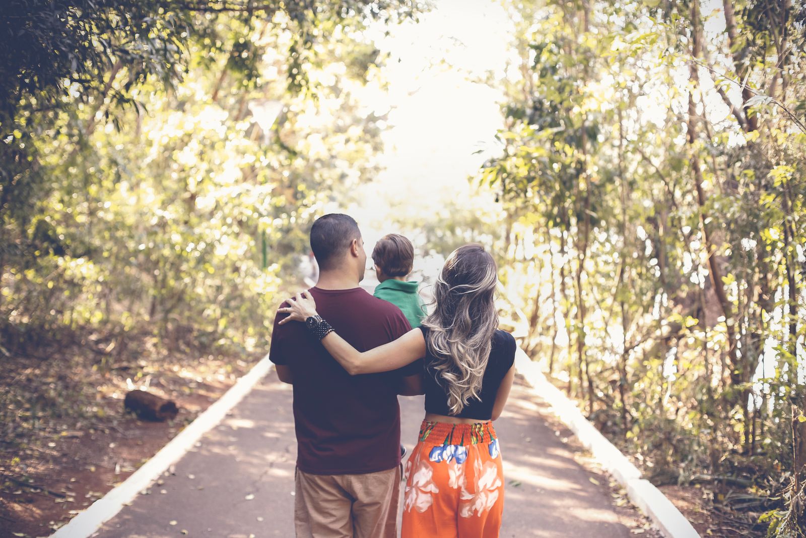 A family walking away down a sunny park path between tall trees