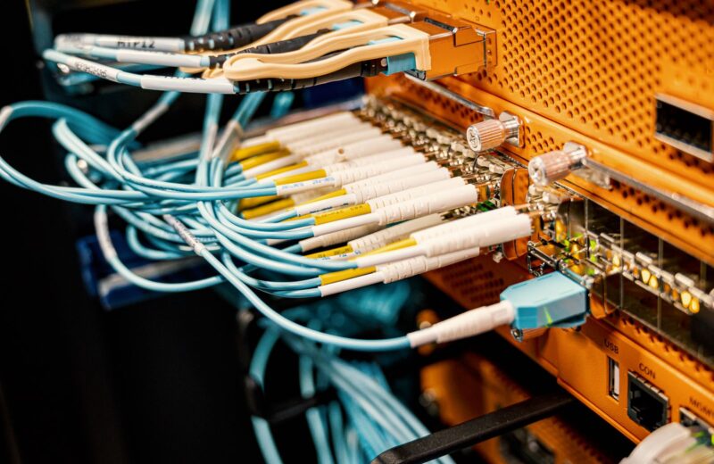Patch cords plugged into the ports of a patch panel