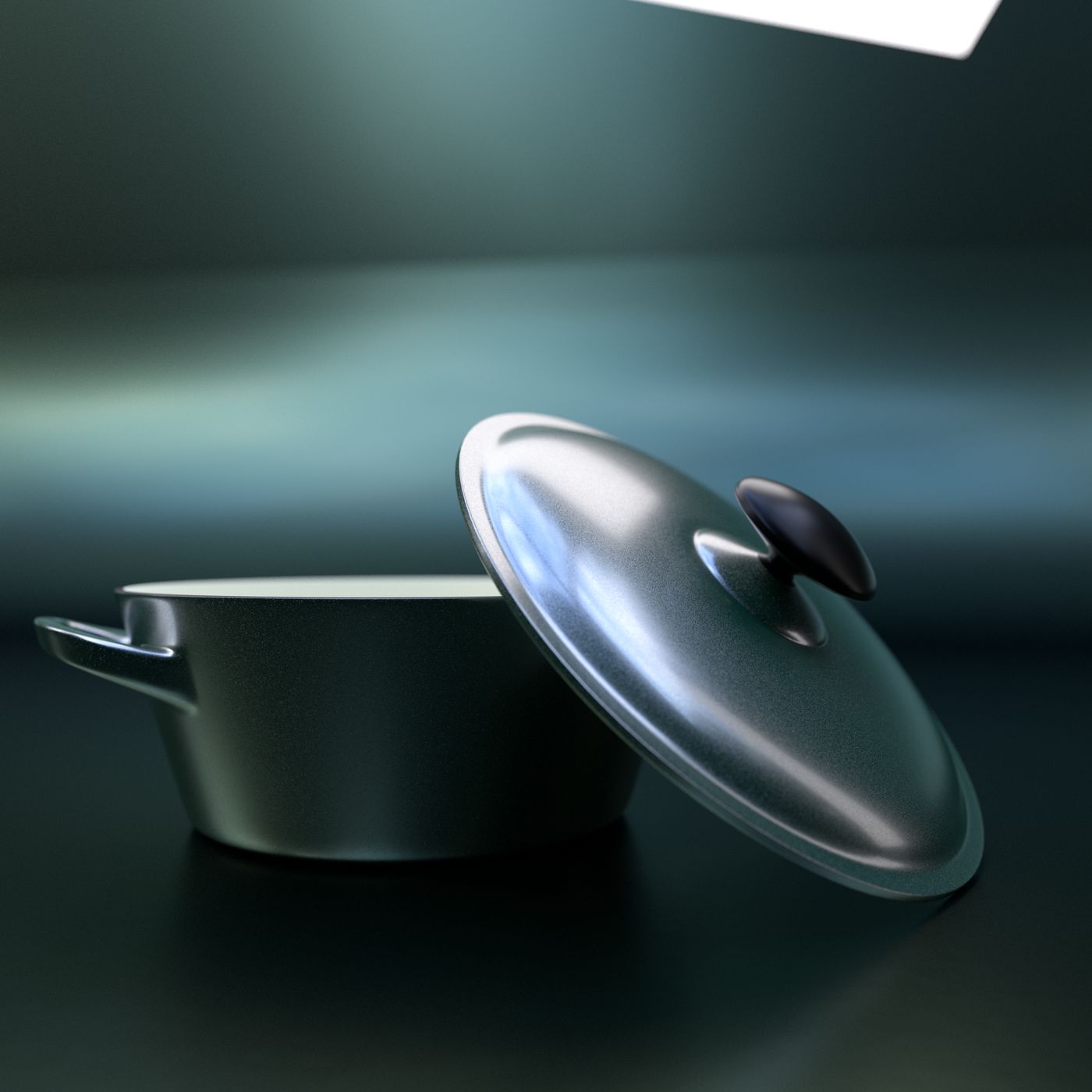 A steel casserole pot with its lid tilted open on a dark green-grey background