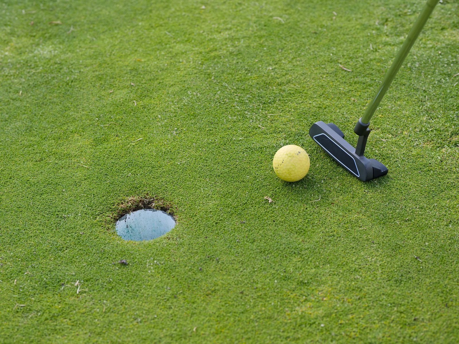 A putter lined up behind a yellow ball a short way from the hole