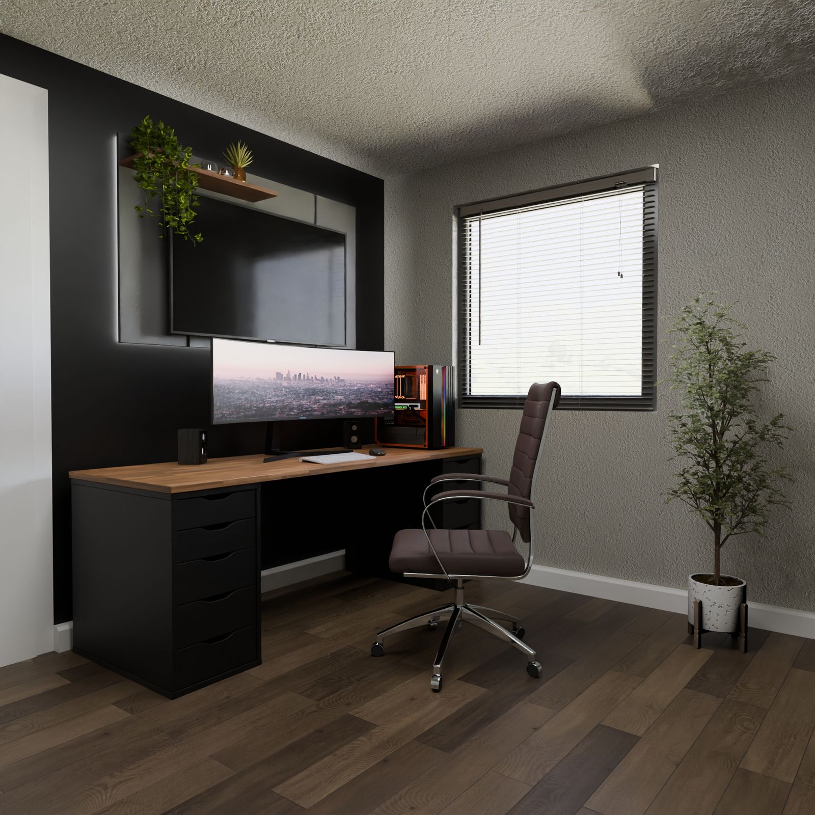 A dark desk with a large monitor, speakers and a black office chair in a quiet home office