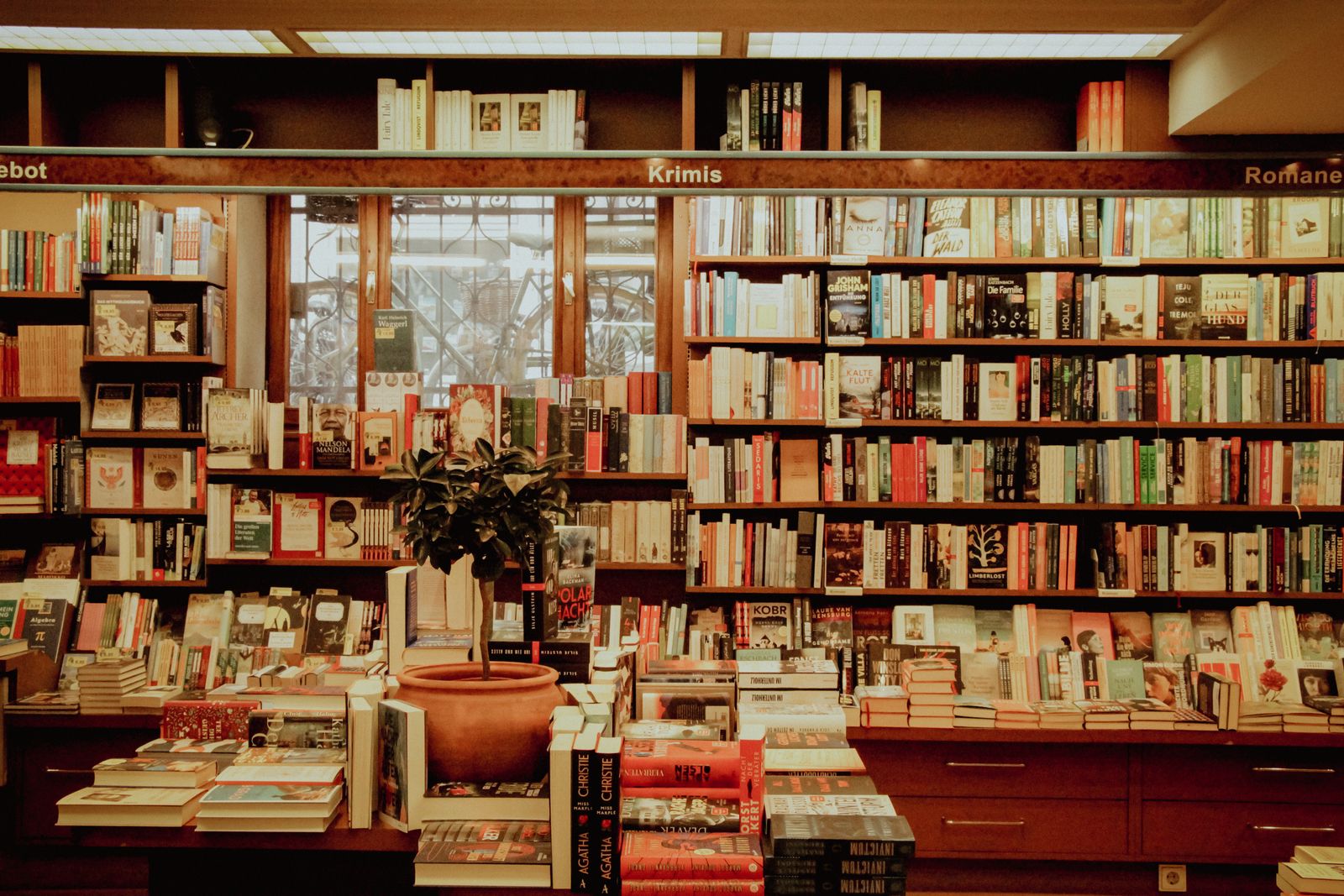 Shelves and tables full of books in an independent bookshop