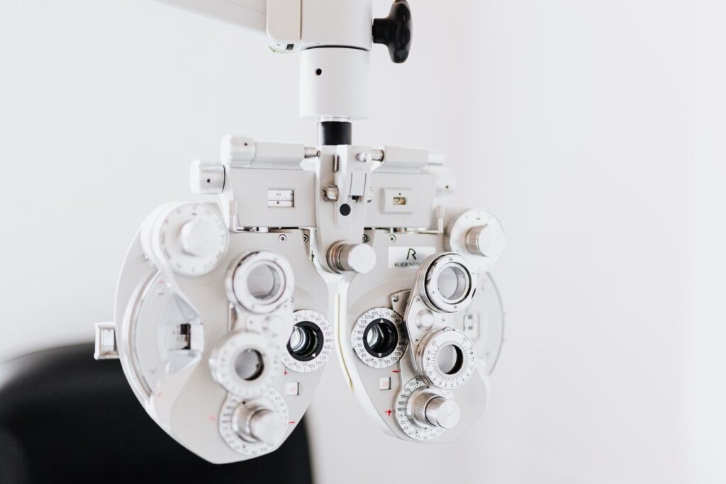 A phoropter in a bright test room