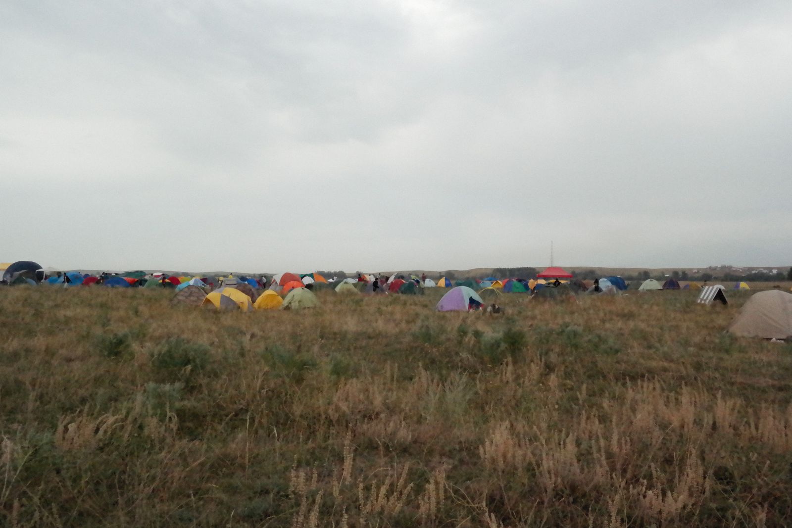 Tents of every colour pitched across a wide grass field under a grey sky