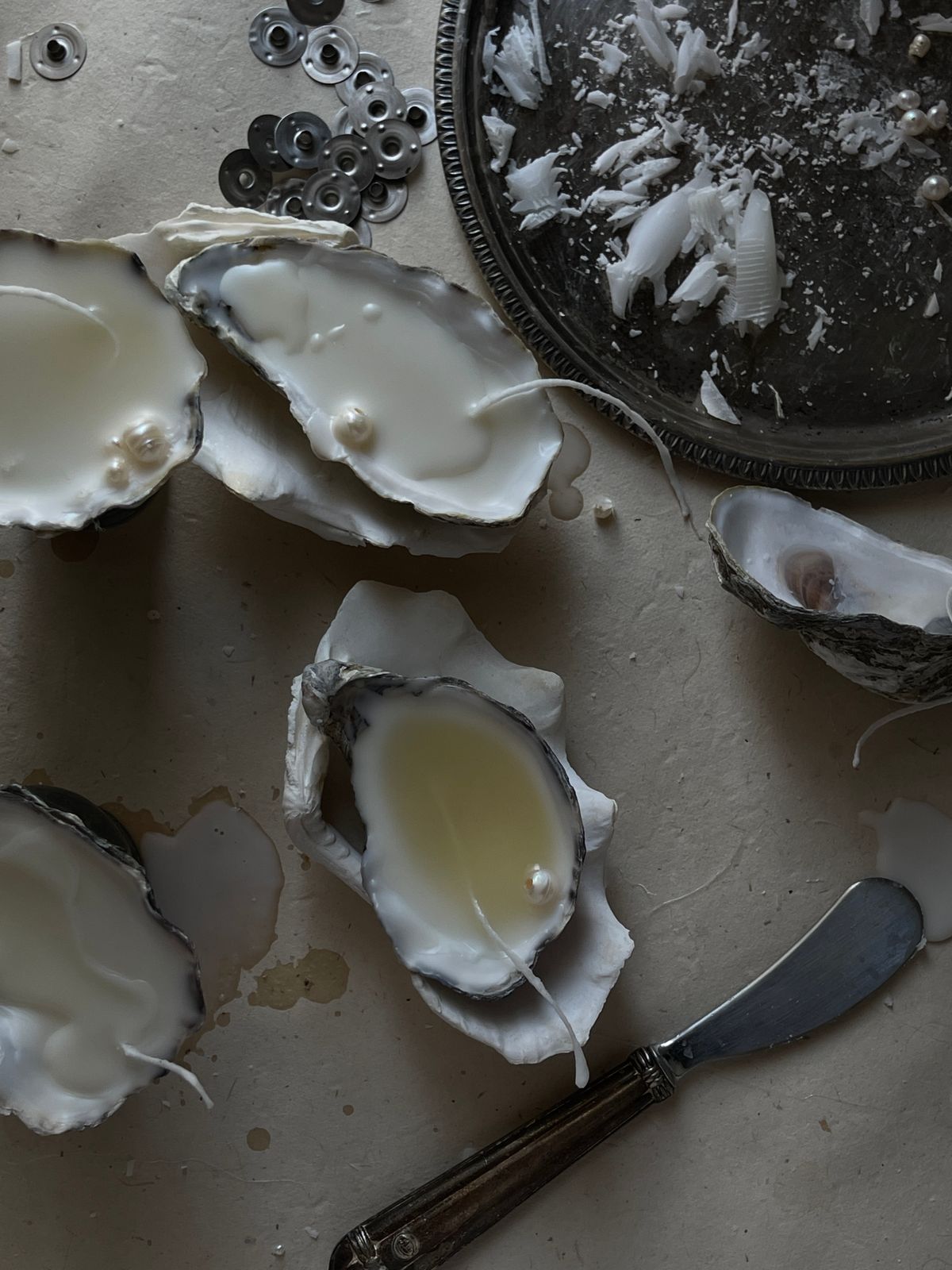 Opened oyster shells on a grey table, each holding a single white pearl