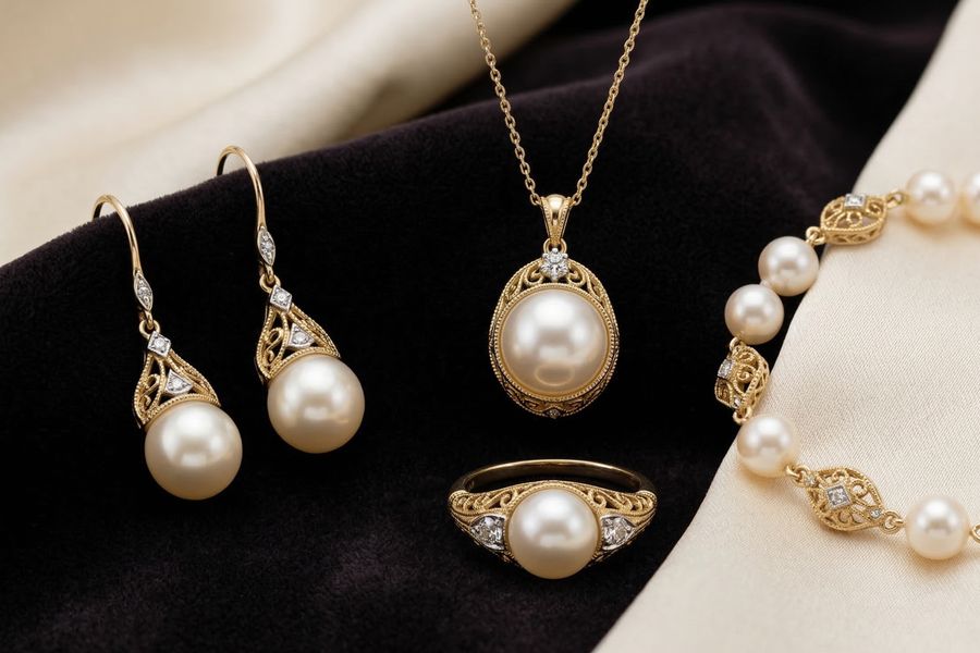 A vintage gold and pearl jewellery set: necklace, earrings, ring and bracelet on cream silk