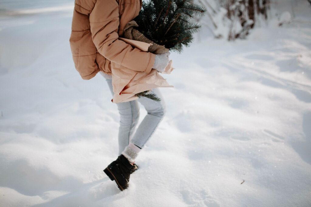Someone in a winter coat walking through deep snow with a fir branch under the arm