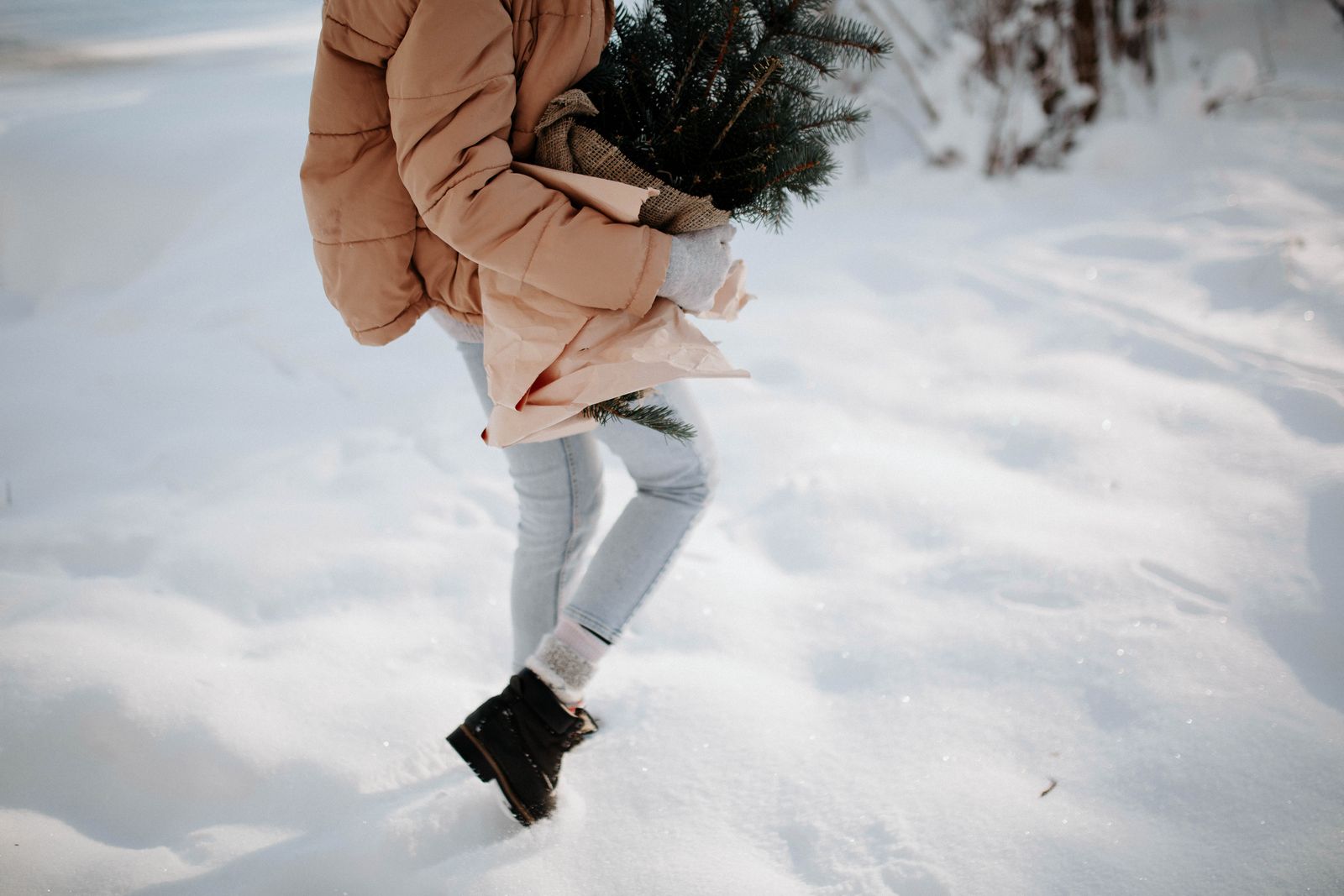 Someone in a winter coat walking through deep snow with a fir branch under the arm