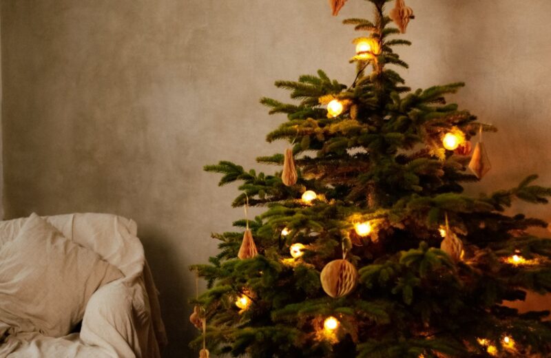 A Christmas tree with warm lights and dried orange slices beside an armchair in a living room