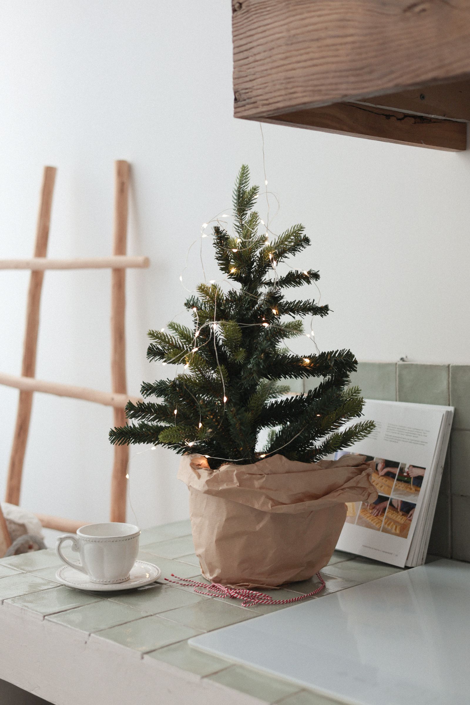 A small undecorated fir in a brown paper wrap with a string of lights, on a white kitchen counter