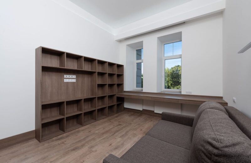 Bright living room with a grey sofa, wooden shelves and tall windows