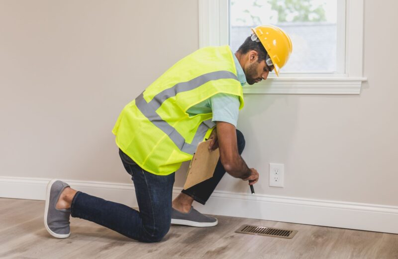 A surveyor in a hard hat inspecting a vent low on an indoor wall