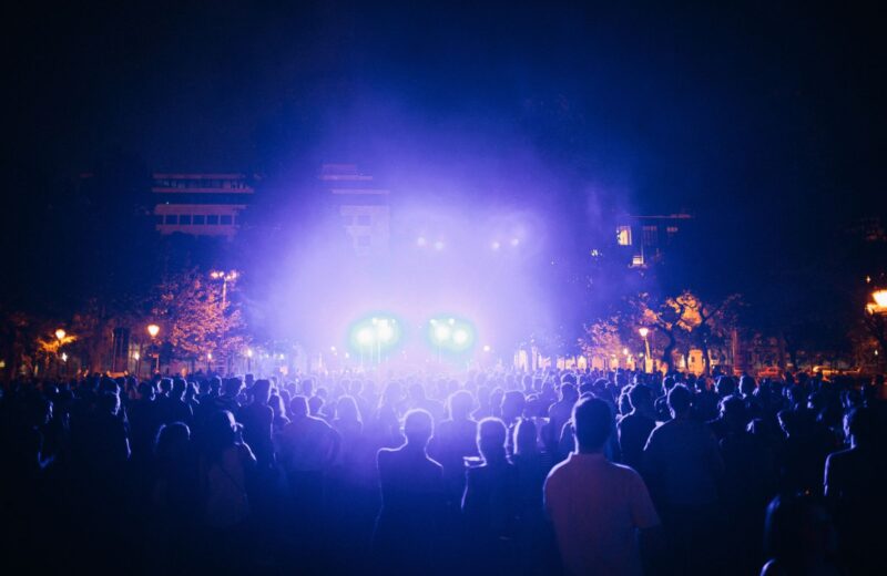 An outdoor festival crowd at night in front of a stage lit in violet
