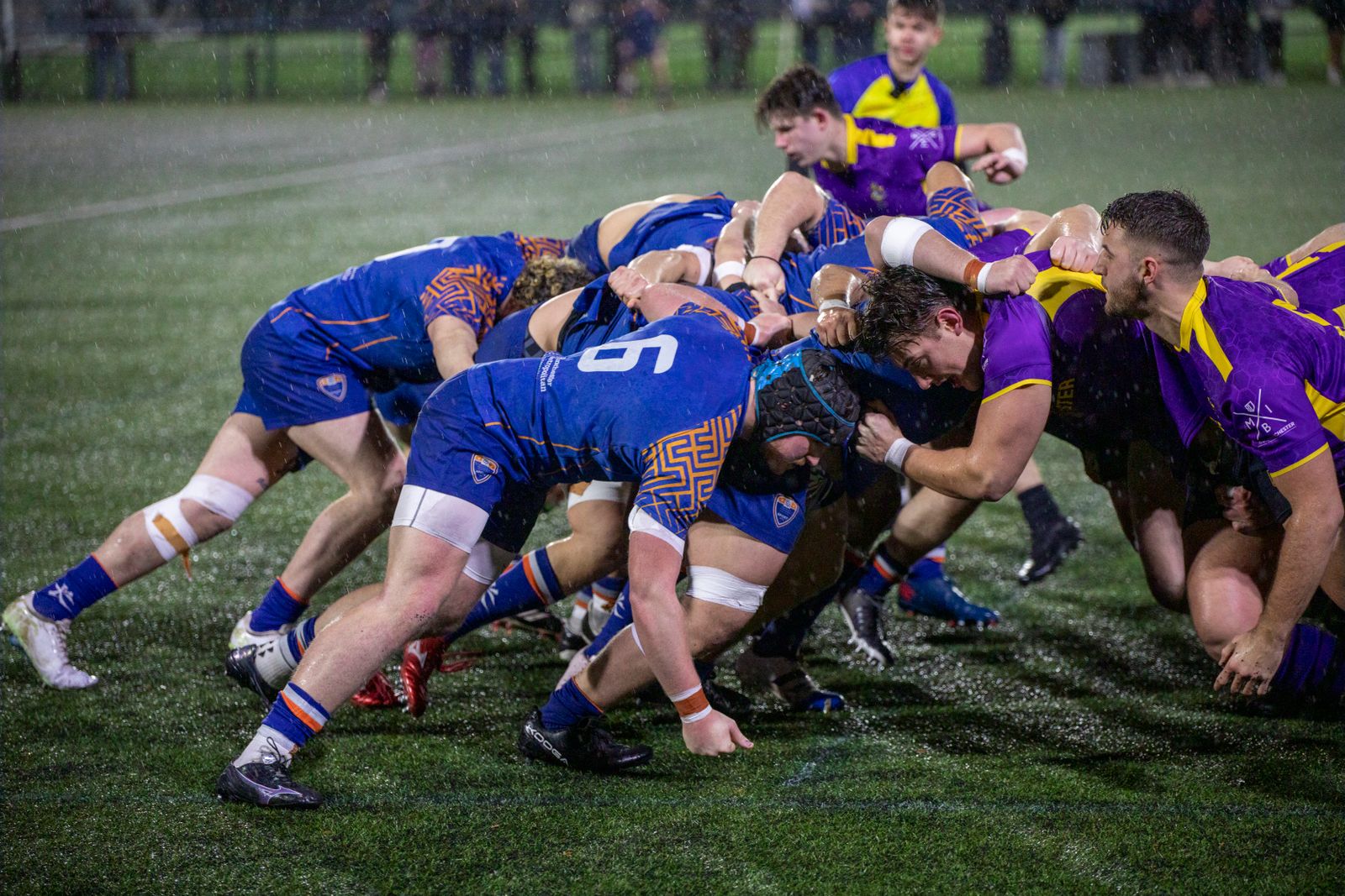 Two rugby packs in blue and in purple bound together in a scrum on a wet evening pitch