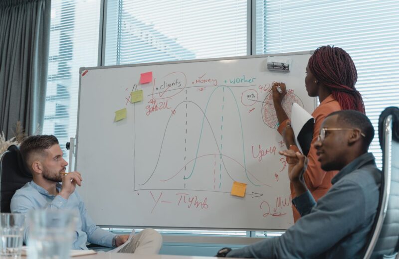 A team sketching a plan on a whiteboard in a bright office