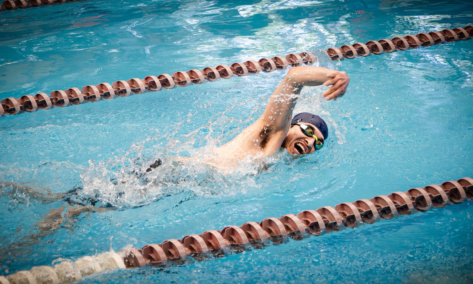 Adult swimmer doing front crawl between lane ropes