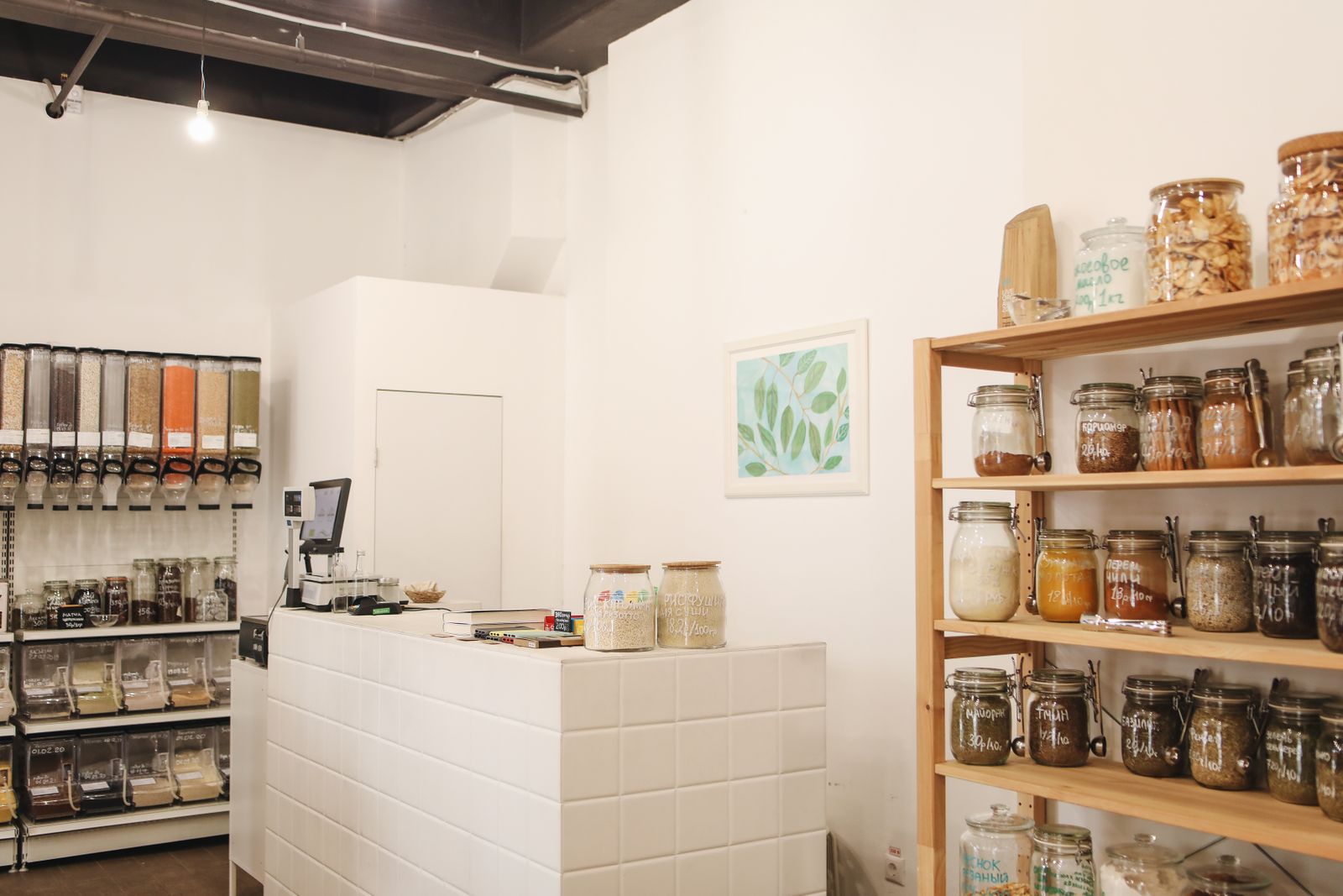 Inside a small refill shop with wooden shelves of glass jars and bulk bins