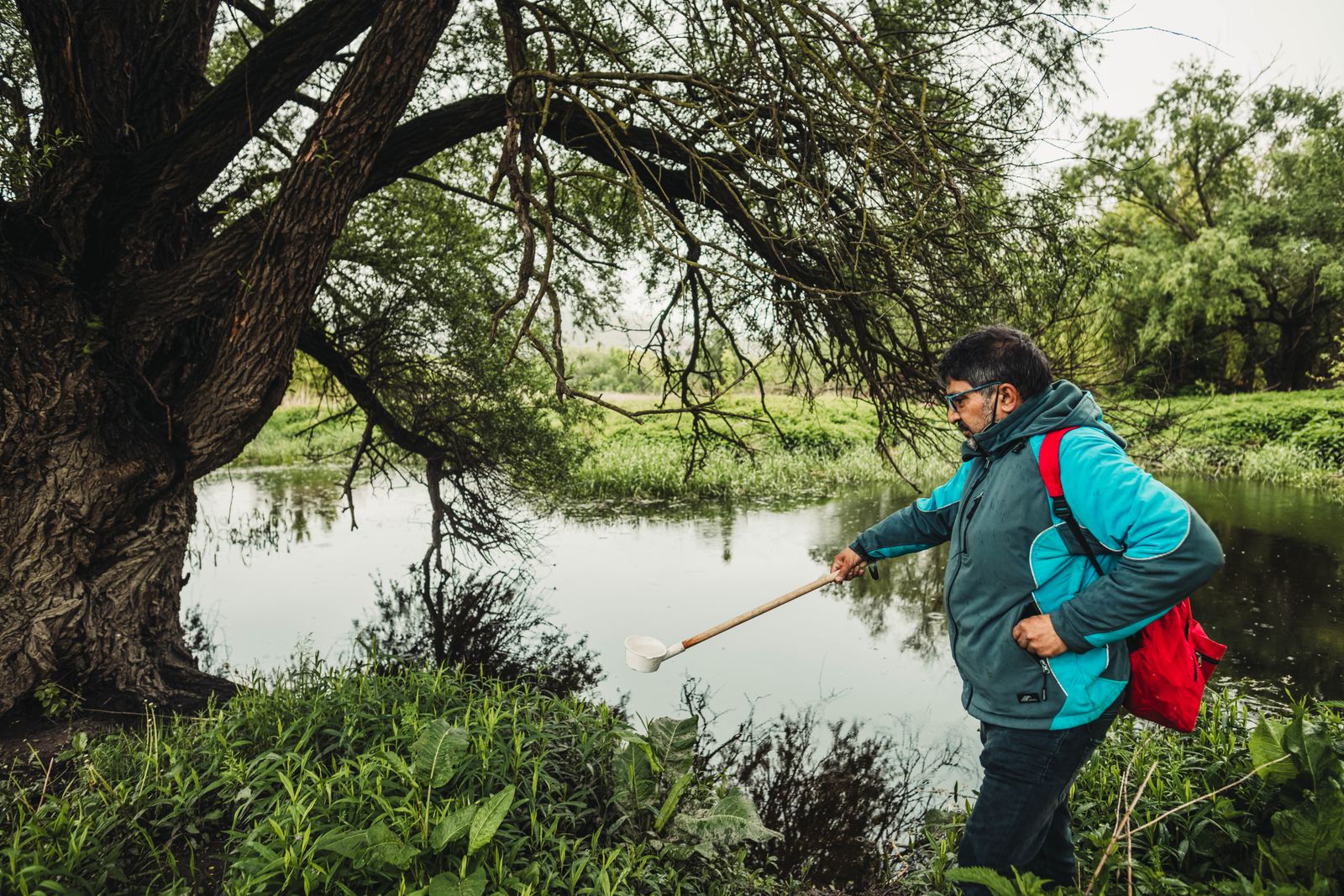 A field scientist by a lake shore among trees