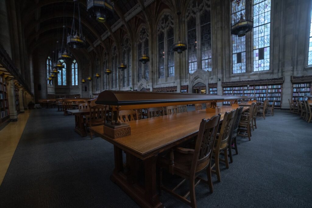 Long reading tables in a historic library hall