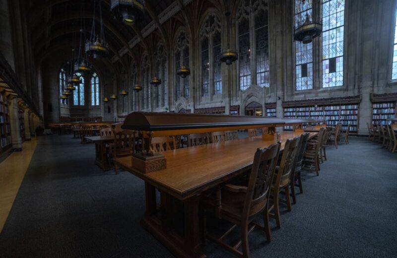 Long reading tables in a historic library hall