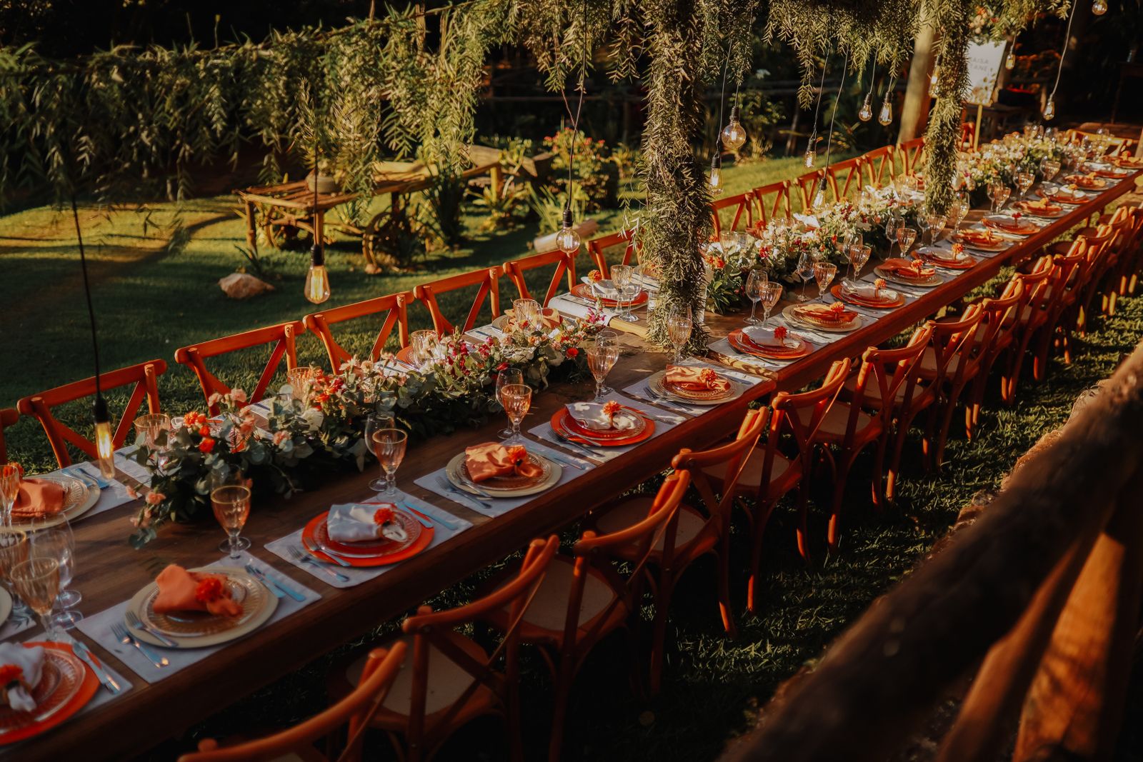 A long dinner table set outdoors among trees and vines